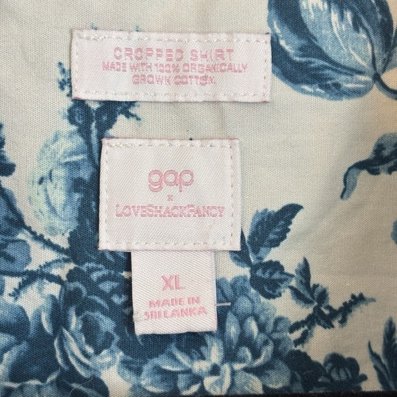 GAP x LoveShackFancy Top XL Button Down Cropped Boxy Floral Romantic Blue White - Picture 7 of 16